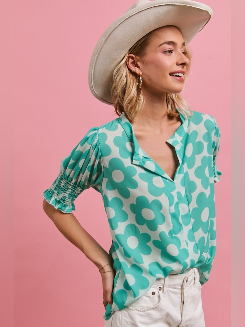 BiBi Flower Printed Woven Smocking Sleeves V Neck Top - Picture 2 of 5